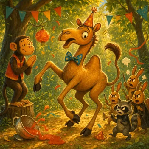A graceful monkey dancing at a forest celebration while a clumsy camel stumbles nearby