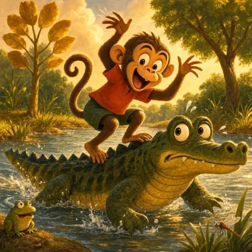A monkey perched safely in a tree, having just outwitted a crocodile in the river