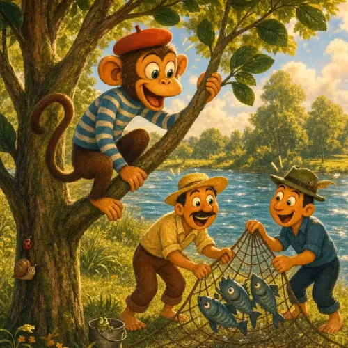 A monkey tangled in a fishing net after copying the fishermen he was watching