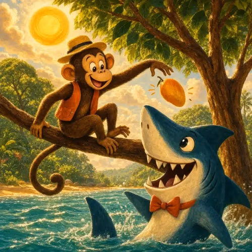 A clever monkey perched in a tree, outwitting a shark waiting below