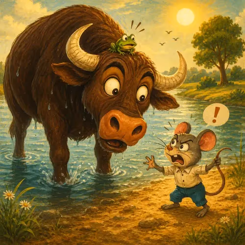 A mouse shaking its fist at a bull that has just stepped on its tail