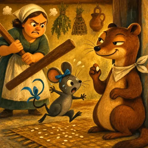 A mouse caught red-handed stealing sesame seeds while a weasel watches