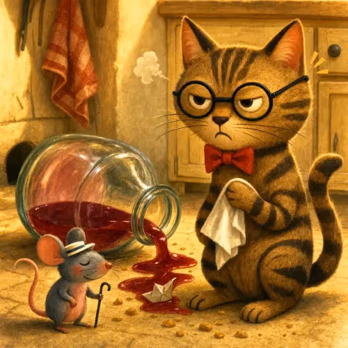 A mouse trapped inside a wine jar making promises to a waiting cat outside