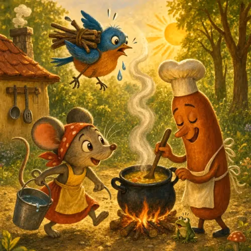 A mouse, a bird, and a sausage sharing chores in their cozy home