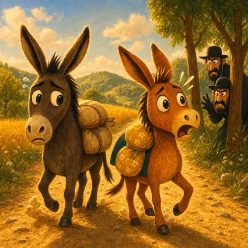 Robbers surrounding a mule loaded with sparkling treasure while a plain mule slips away
