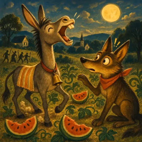 A donkey singing loudly in a moonlit field, alerting villagers to him and a nearby jackal