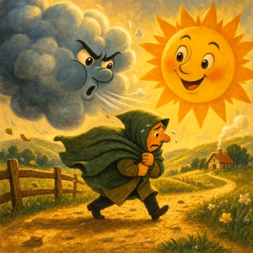The North Wind blowing fiercely at a traveler's cloak while the sun watches warmly