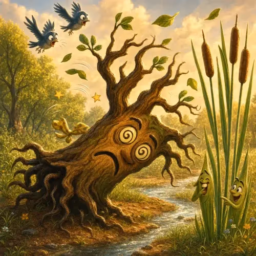 A mighty oak tree snapping in a storm while slender reeds bend safely nearby