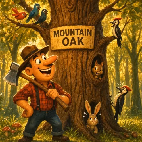 A tall oak tree splitting apart under a woodcutter's axe, wedged with its own branches