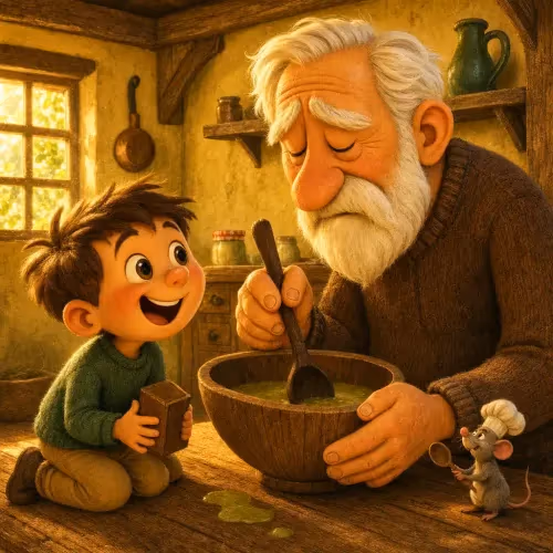 A grandfather sitting alone at a small wooden bowl set apart from the family table