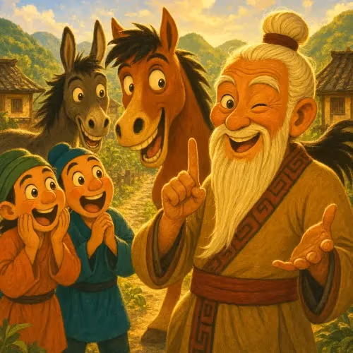 An old man calmly watching his horse run off into the distance