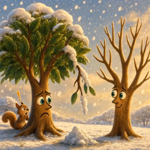 A bare fig tree standing unharmed beside a snapped, snow-covered olive tree