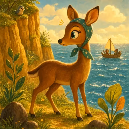 A one-eyed doe grazing calmly by a cliff, unaware of danger from her blind side