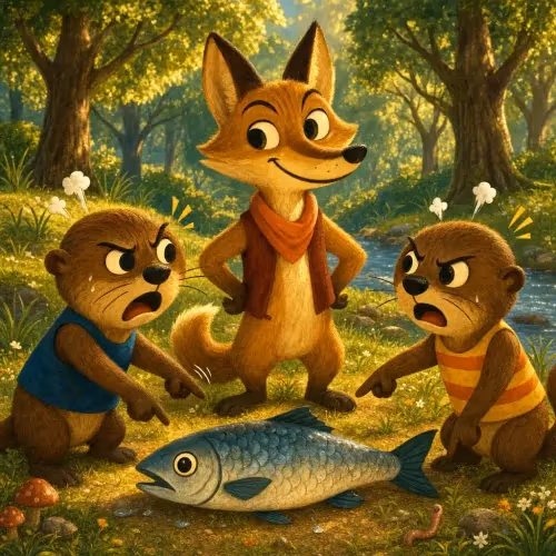 A jackal dividing a fish between two otters while keeping the best part for himself