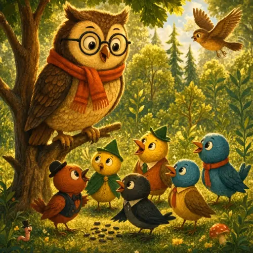 A wise owl warning a flock of birds not to eat scattered hawk-tree seeds