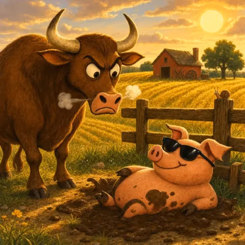 A hardworking ox glancing enviously at a pampered pig lounging in its pen