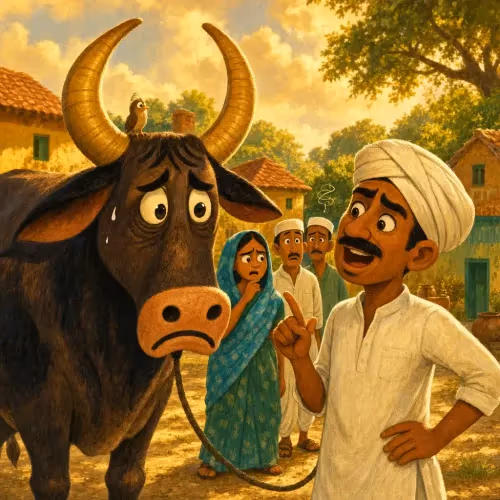 A proud man patting his strong ox in front of a curious crowd