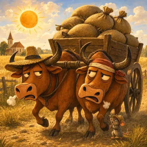 Two oxen pulling a heavy, creaking wagon loaded with grain sacks