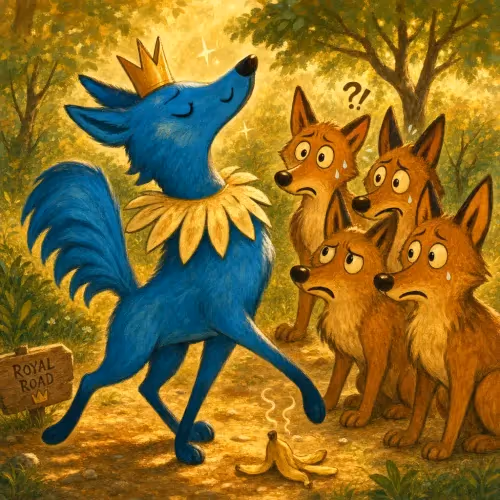 A jackal dyed bright blue trying to strut among a group of real peacocks