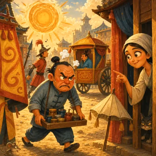 A street seller admiring a parasol painted with a peaceful sky