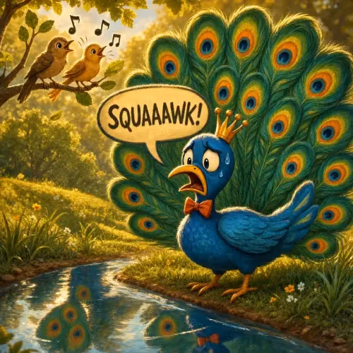 A peacock spreading its colorful feathers while pleading with Juno for a beautiful voice