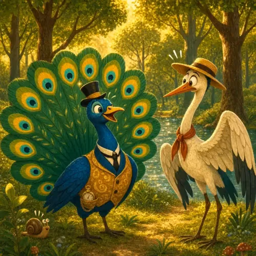 A crane soaring high above a peacock spreading its colorful tail feathers on the ground
