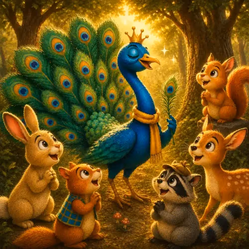 A bare, featherless peacock sitting alone after giving his feathers to other animals