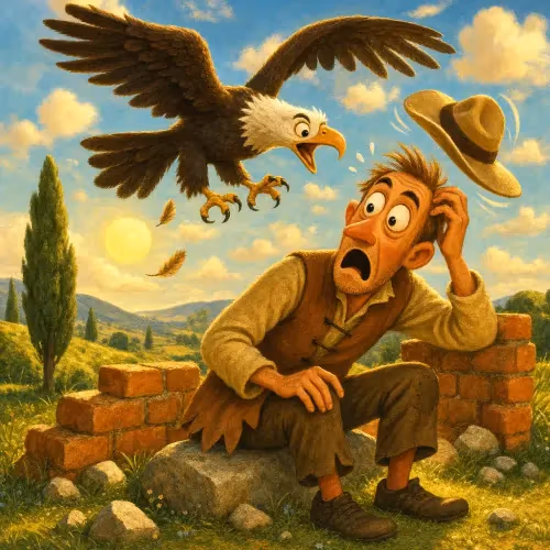 An eagle swooping down to knock a peasant clear of a collapsing wall