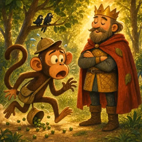 A king watching a greedy monkey lose his fruit while grasping for more