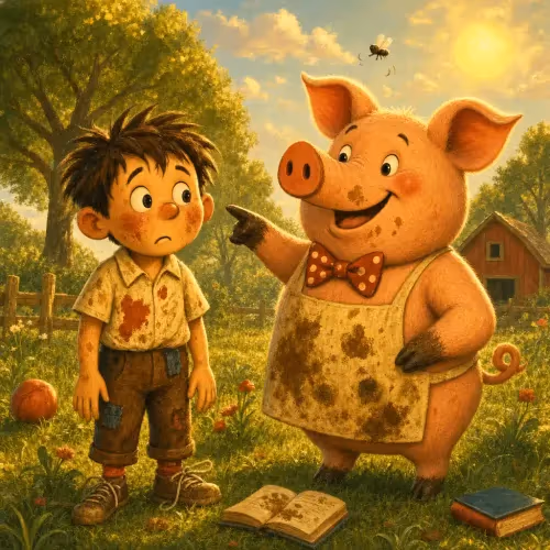 A messy child sitting beside a muddy pig who claims to be his brother