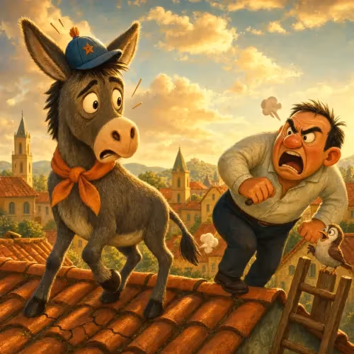 A donkey clumsily climbing onto a rooftop, imitating a nimble monkey
