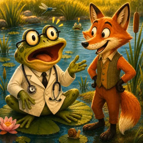 A fox pointing skeptically at a frog claiming to be a physician