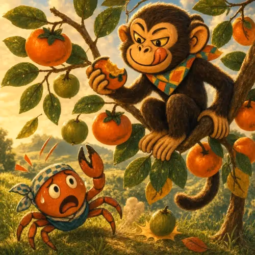 A monkey devouring a fruit high in a tree while a crab watches from below