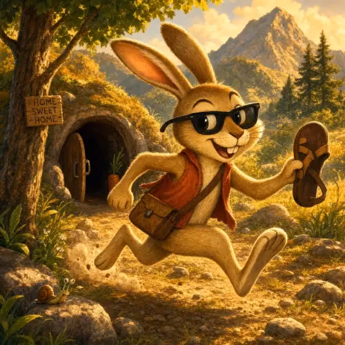 A rabbit tossing a sandal aside to trick a group of animals plotting against him