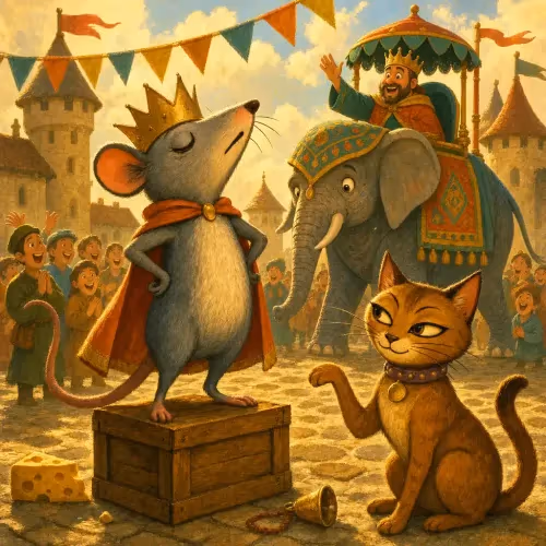 A puffed-up rat standing beside a towering elephant, suddenly humbled