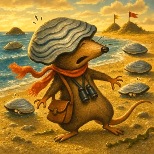 A curious rat reaching toward an oyster shell about to snap shut