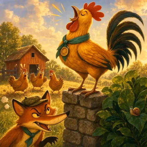 A rooster crowing loudly from a fence post above a sly, watching fox