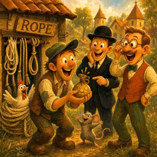 A poor rope maker examining a shiny diamond he found inside a piece of lead