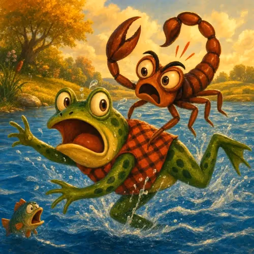 A scorpion stinging the frog carrying him midway across a river