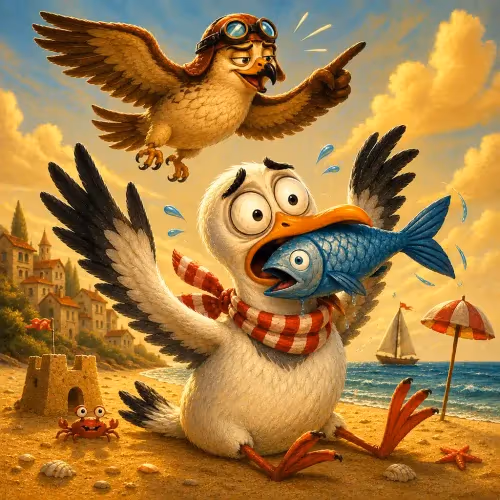 A seagull choking on a fish too big to swallow while a kite scolds from above