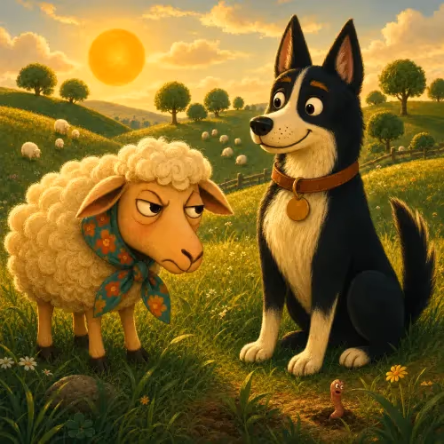 A sheep watching enviously as a guard dog is fed and praised by the shepherd