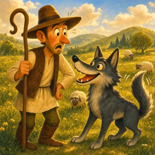 A shepherd training a young wolf beside his flock of sheep