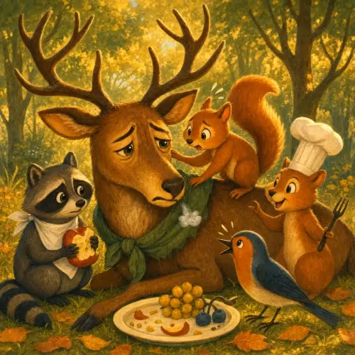 A weak, sick stag watching other animals eat through his gathered food