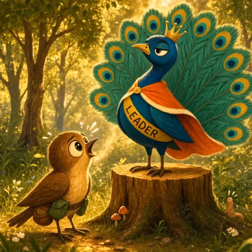 A sparrow guiding a nervous peacock toward the throne, just before a hunter's trap springs
