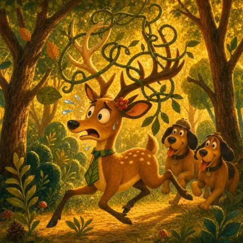 A deer admiring his tall antlers in a pond while glancing down at his thin legs