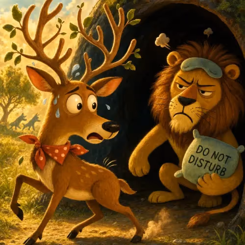 A stag fleeing hunters straight into a cave where a lion waits