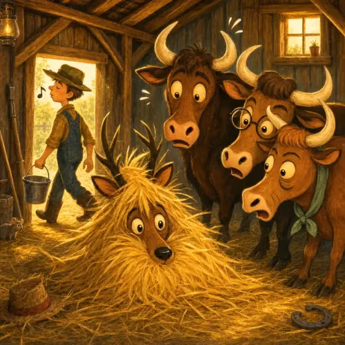 A hunted stag hiding among oxen in a barn as the farmer walks past