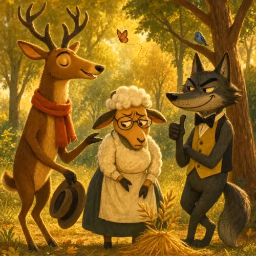 A stag and a sly wolf approaching a cautious sheep to ask for wheat