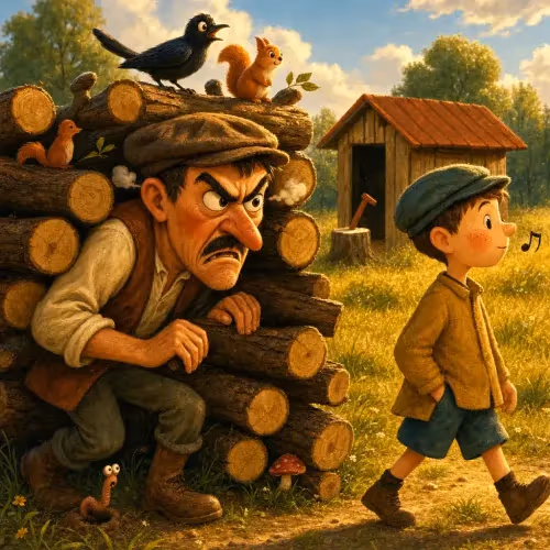 A woodcutter pointing an accusing finger at his neighbor's son over a missing ax