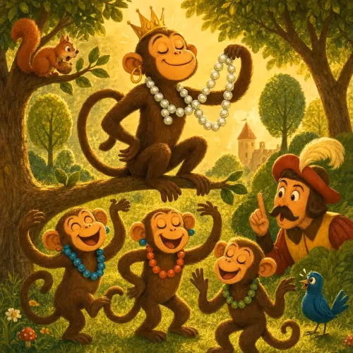A guard tricking a queen into revealing where a monkey hid her stolen jewels